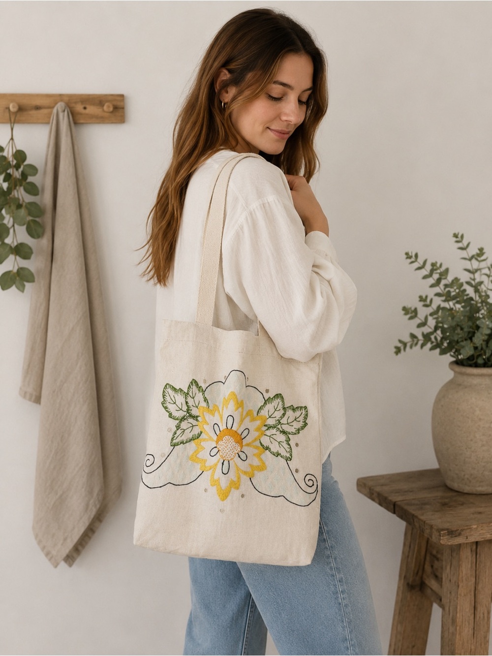 Linen Embroidered Floral Tote Bag in Cream and Yellow